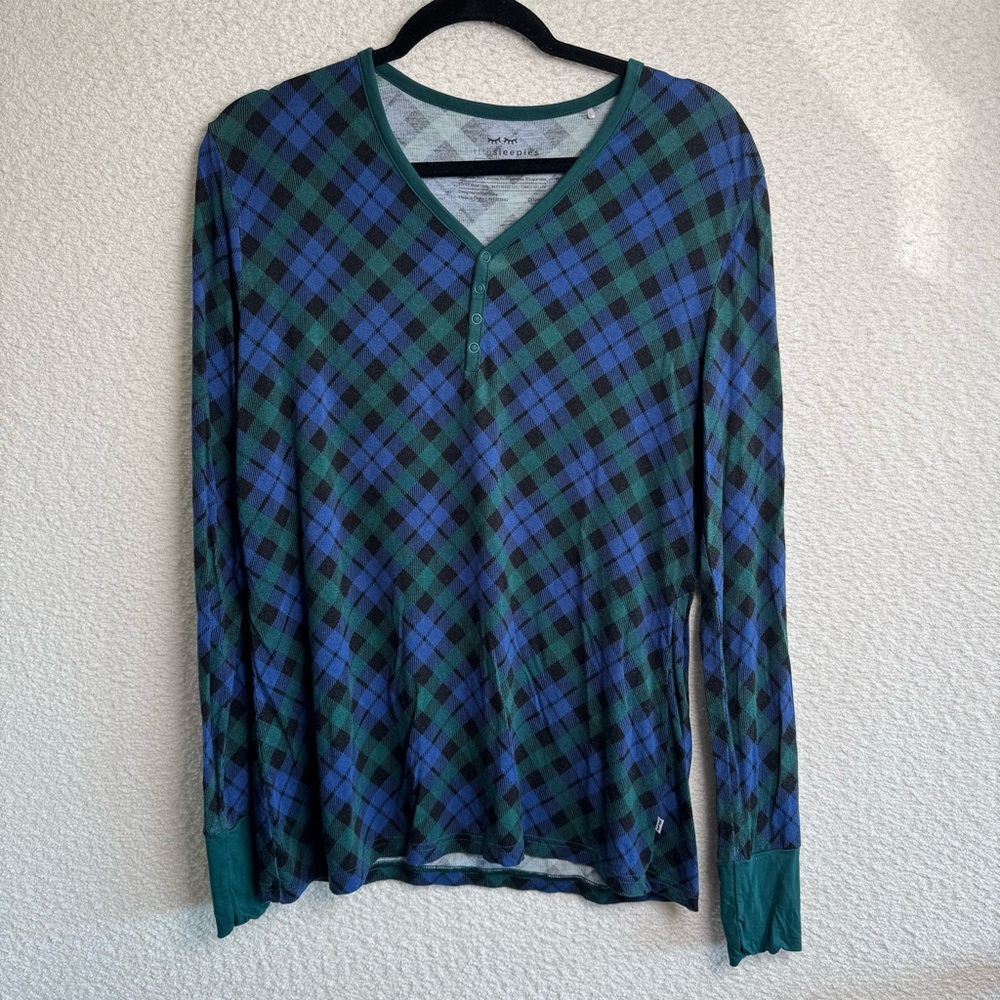Little Sleepies Bamboo Women’s Navy Green Tartan Plaid Pajama Top Size Small